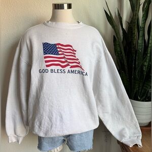 Vintage God Bless America Flag‎ Sweatshirt USA Patriotic Pullover White XL